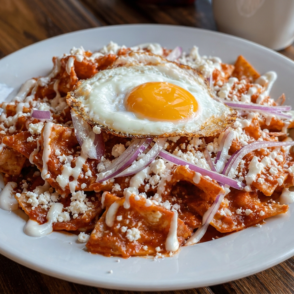 Plate of saucy tortilla chips topped with a fried egg, crumbled cheese, sliced red onions, and crema on a wooden table.