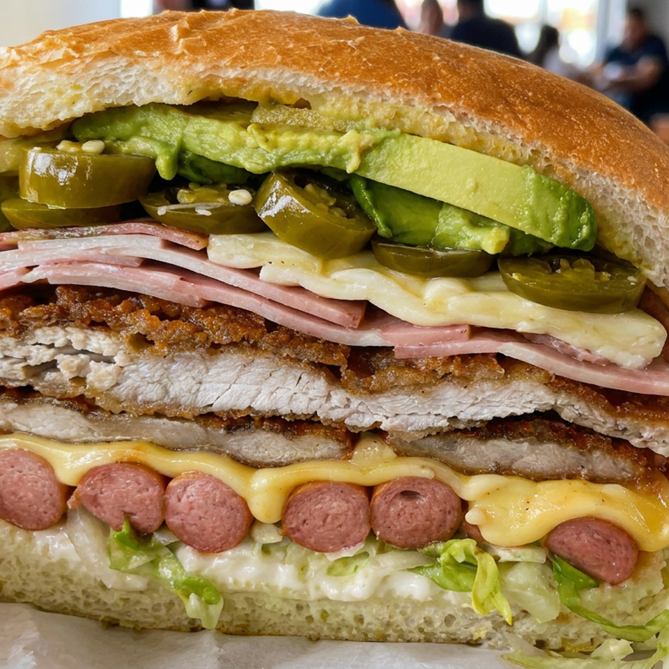 Oversized layered sandwich with breaded meat, ham, cheese, sausages, avocado, jalapeños, and lettuce in a casual restaurant.