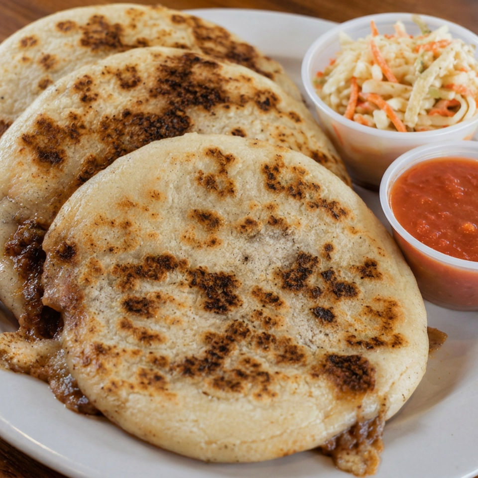 Three grilled stuffed flatbreads served with coleslaw and red salsa on a white plate atop a wooden table.
