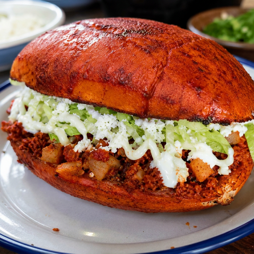 Large toasted sandwich filled with spiced meat, potatoes, lettuce, crumbly cheese, and creamy sauce on a plate.