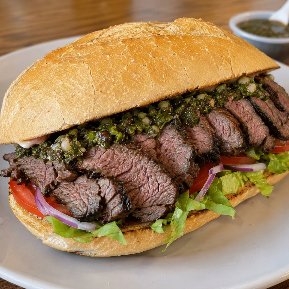 Grilled steak sandwich with chimichurri, lettuce, tomato, and red onion on a white plate, accompanied by dipping sauce.