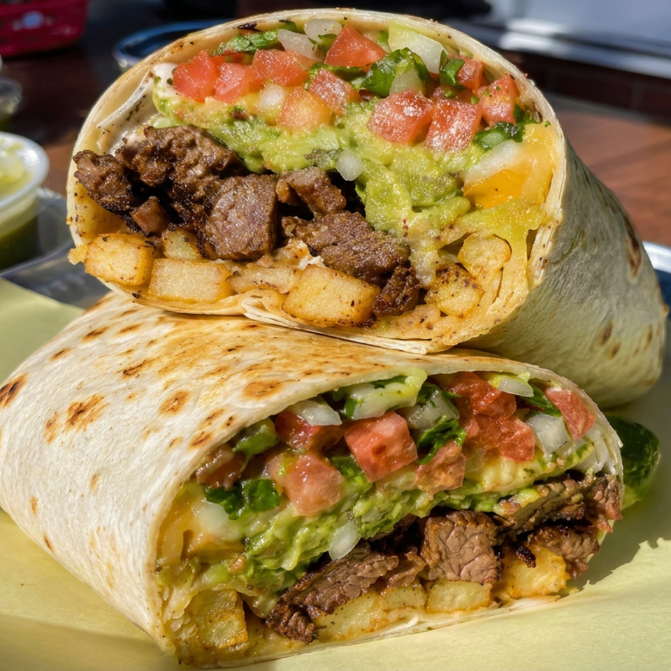 Two grilled steak burritos filled with potatoes, guacamole, diced tomatoes, onions, and cilantro on a plate with salsa cups.