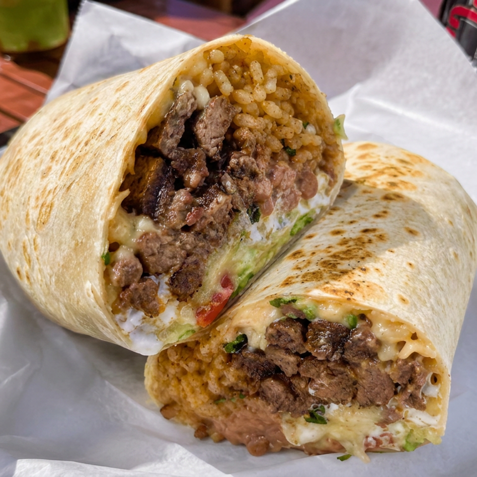 Two grilled beef burrito halves filled with rice, beans, melted cheese, lettuce, and tomatoes on paper atop an outdoor wooden table.