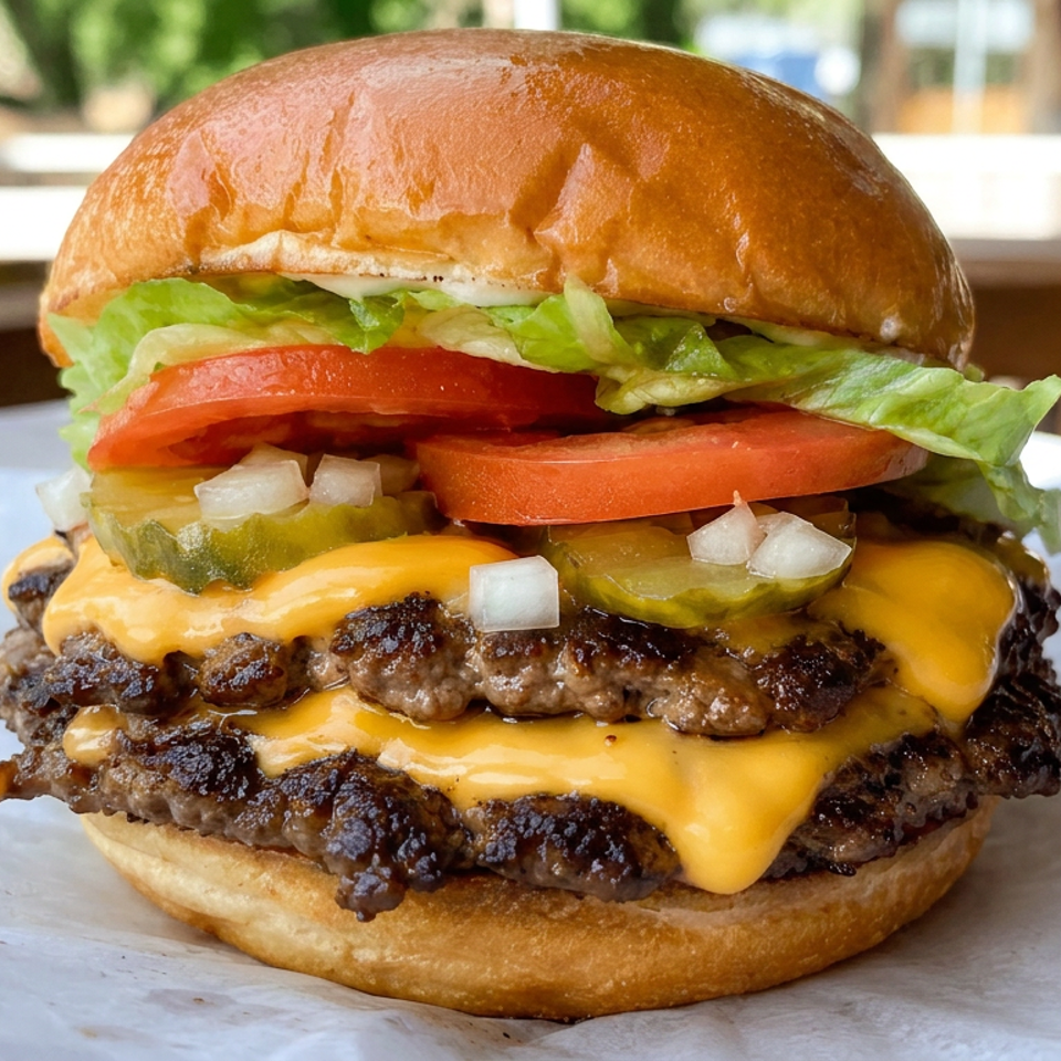 Double cheeseburger with lettuce, tomatoes, pickles, onions, and a glossy brioche bun on parchment outdoors.